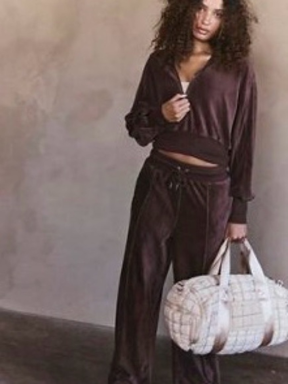 FP Movement Set Velvet Wide-Leg Pants in Dark Brown & matching cropped hoodie